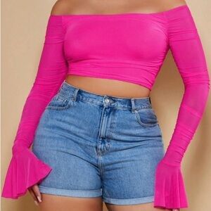 SHEIN Hot Pink Off-Shoulder Ruched Sheer Crop Top with Bell Sleeves | Size 2XL